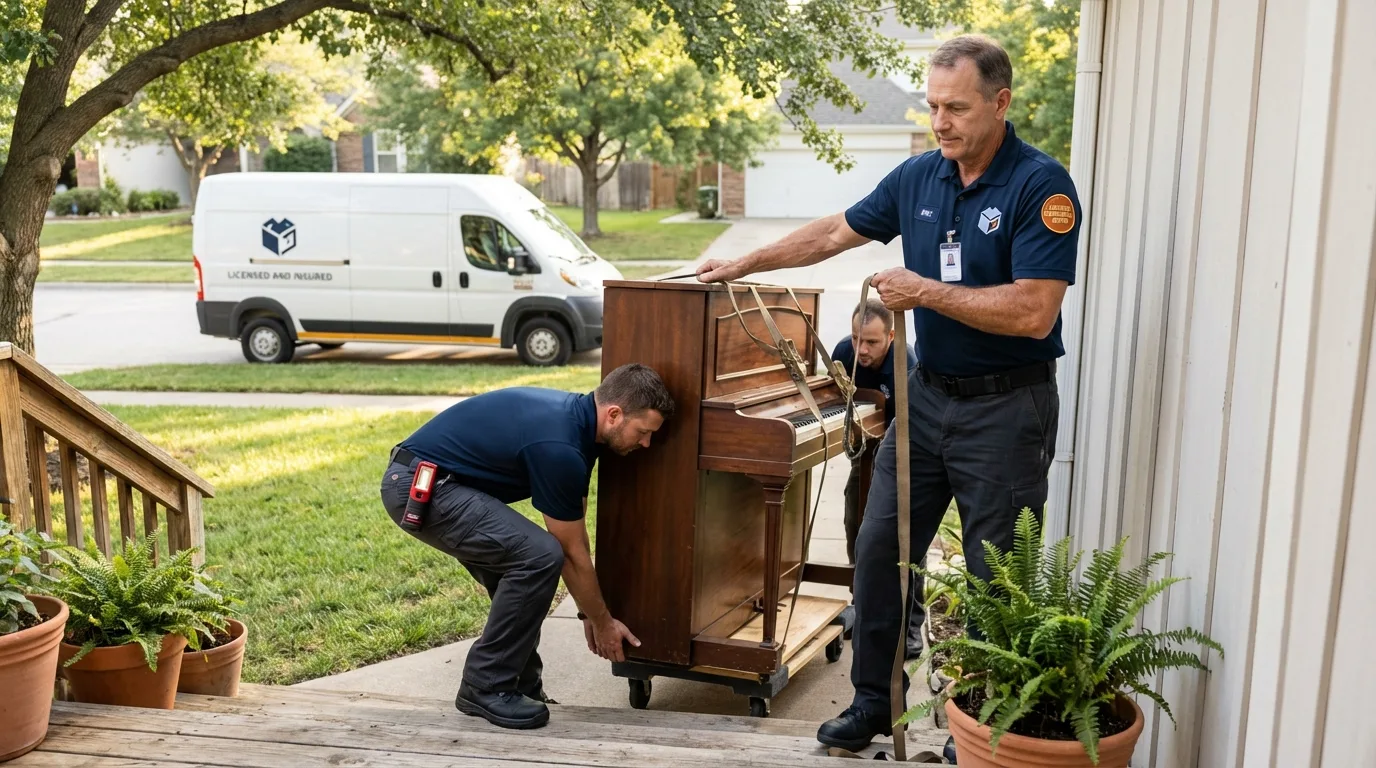 Licensed piano movers securing grand piano in South Glens Falls, NY
