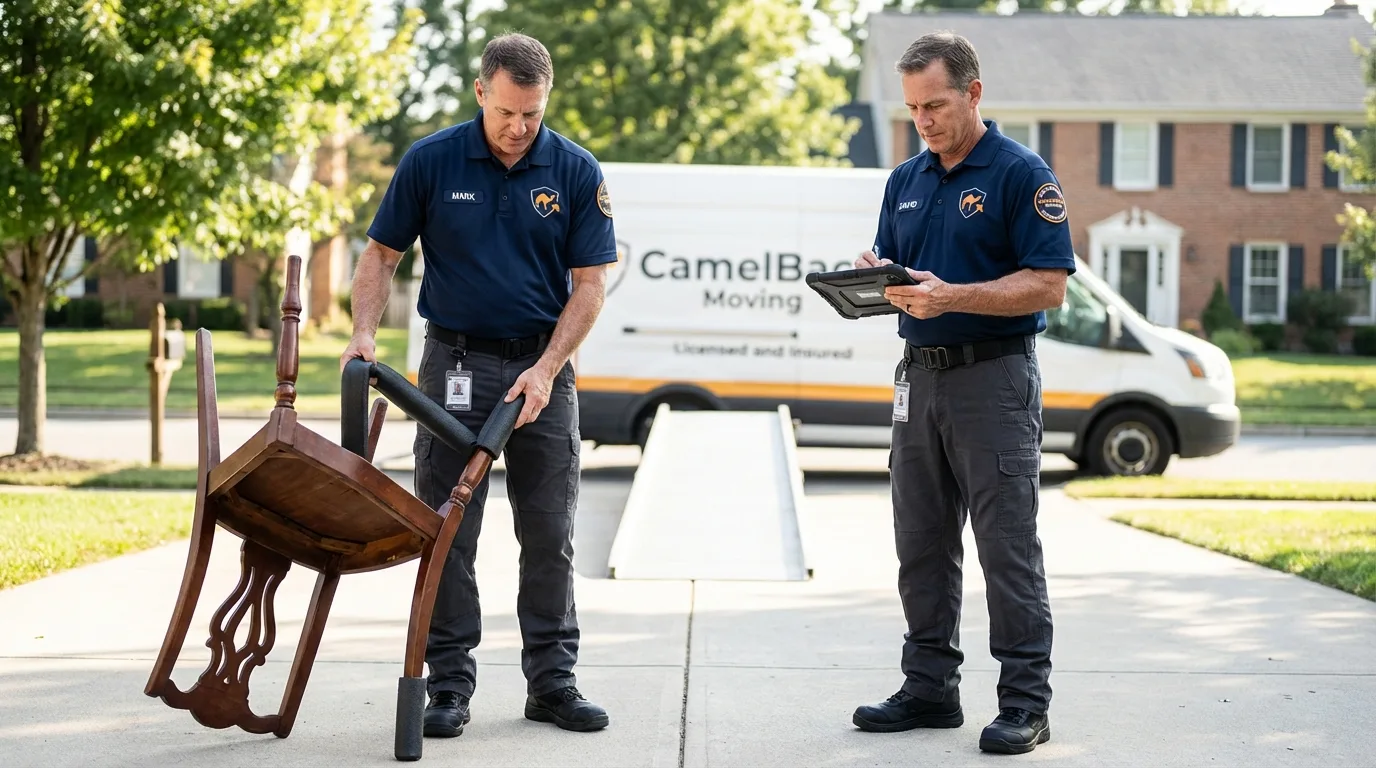 Movers inspecting furniture for damage prevention before loading in South Glens Falls, NY