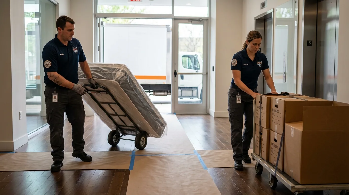 Professional apartment movers loading elevator in South Glens Falls, NY