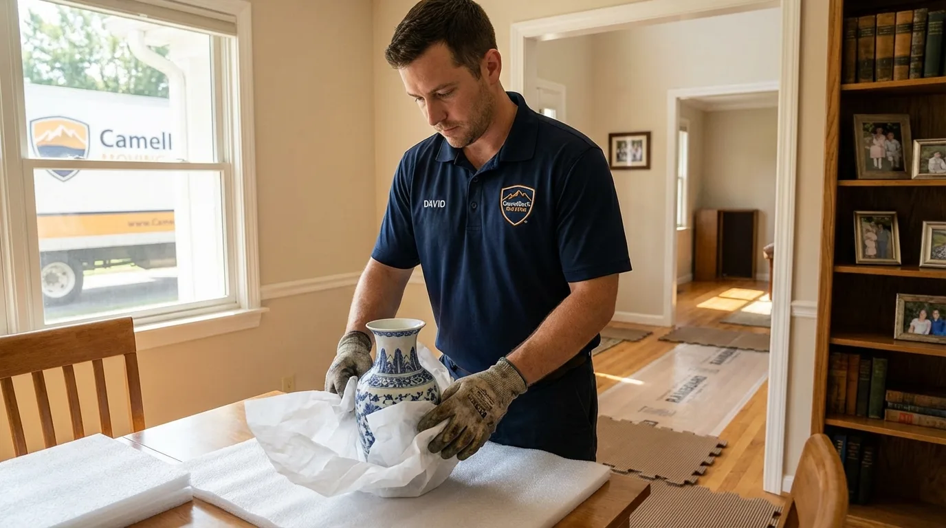 Professional crew carefully wrapping antique vase for senior downsizing move in South Glens Falls, NY